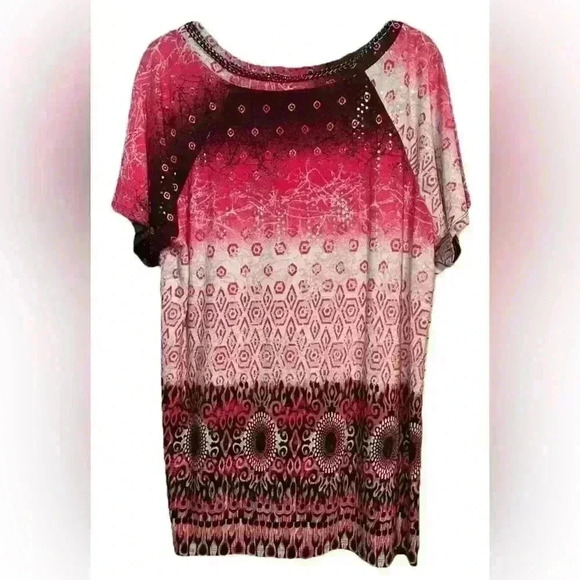 Cocomo Top Womens Sz 3X Multicolor Pink Print Stretch Short Sleeve Blouse EUC - Picture 2 of 8